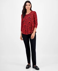 Jm Collection Petite Painted Foliage 3/4-Sleeve Top, Macy's Exclusive