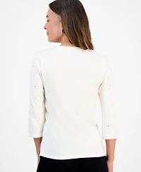 Jm Collection Petite Cotton Scoop-Neck Rhinestone 3/4-Sleeve Top, Macy's Exclusive
