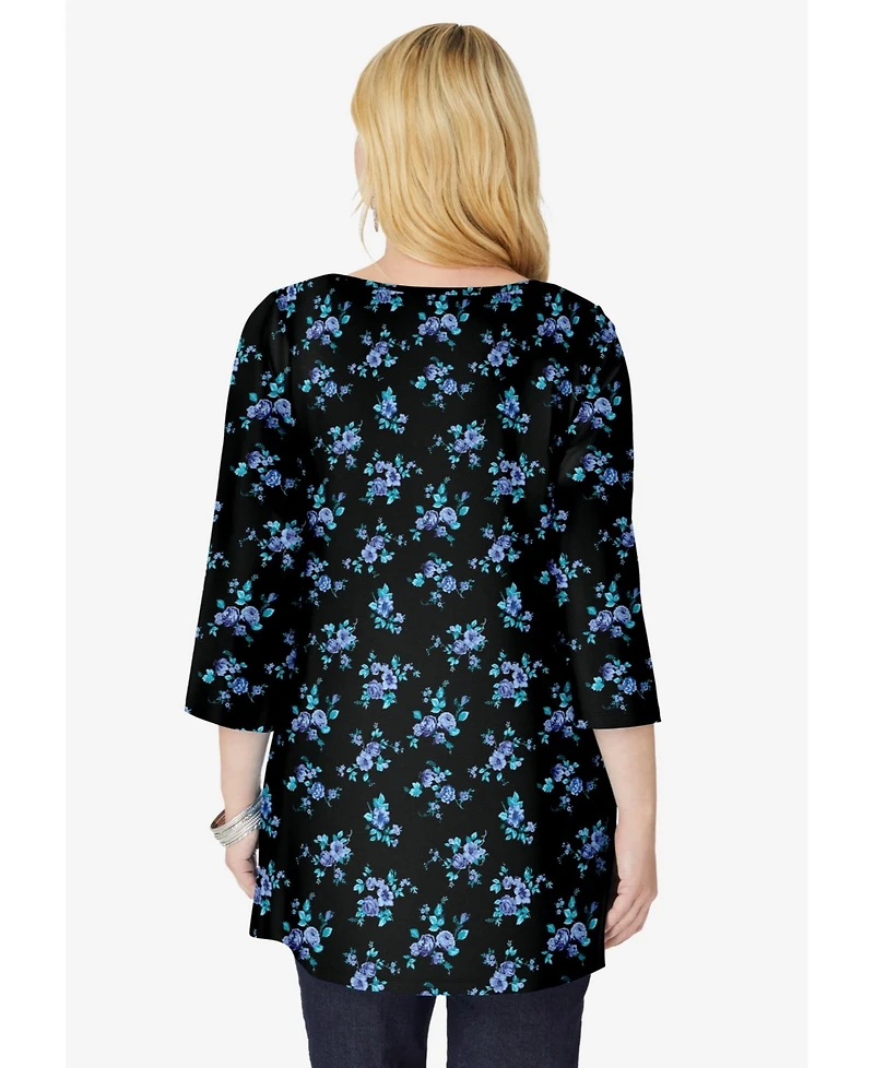Woman Within Plus Perfect Printed Three-Quarter-Sleeve V-Neck Tunic