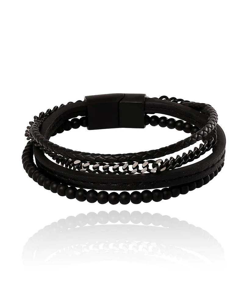 Lucky Brand Mens All Black Beaded & Leather Layered Bracelet with Magnetic Clasp