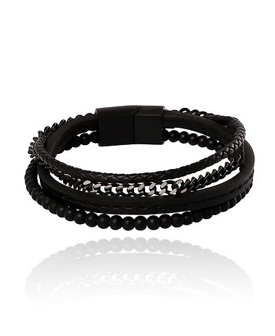 Lucky Brand Mens All Black Beaded & Leather Layered Bracelet with Magnetic Clasp