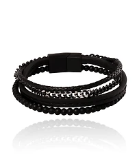 Lucky Brand Mens All Black Beaded & Leather Layered Bracelet with Magnetic Clasp