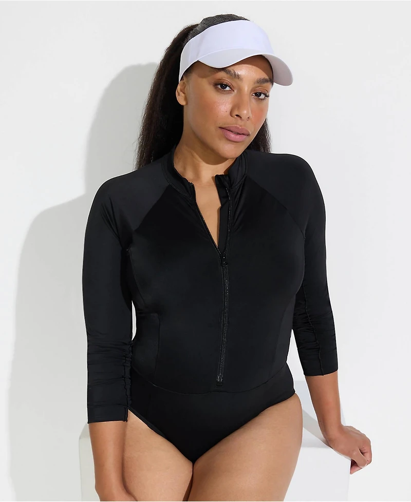 Lands' End Plus Tugless Long Sleeve Rash Guard One Piece Swimsuit