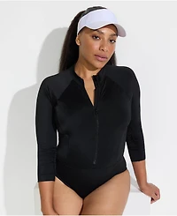 Lands' End Plus Tugless Long Sleeve Rash Guard One Piece Swimsuit