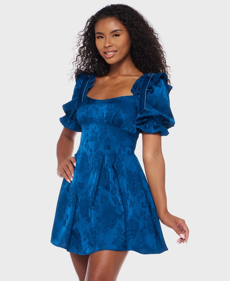 B Darlin Women's Puff Sleeve Pleated Short Dress