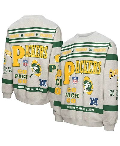Mitchell & Ness Men's Heather Gray Green Bay Packers All Over Print Fleece Crewneck Sweatshirt