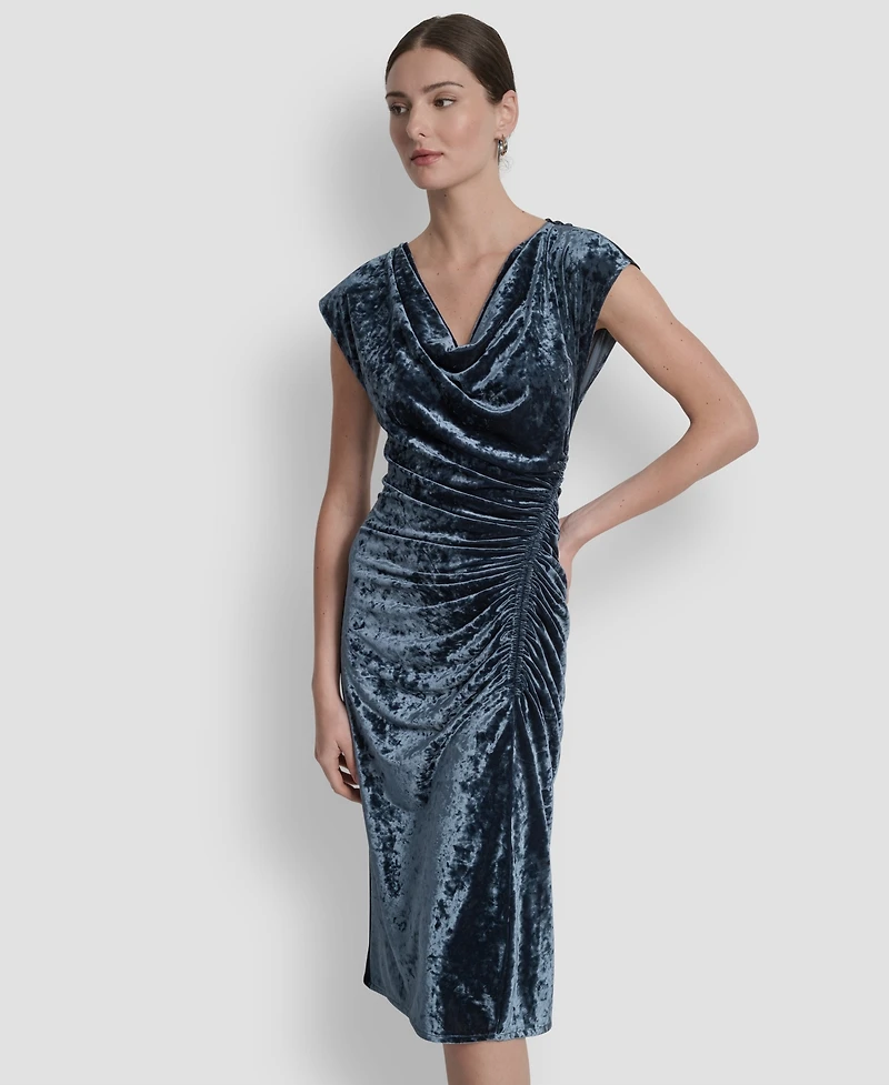 Dkny Women's Cap Sleeve Ruched Velvet Midi Dress