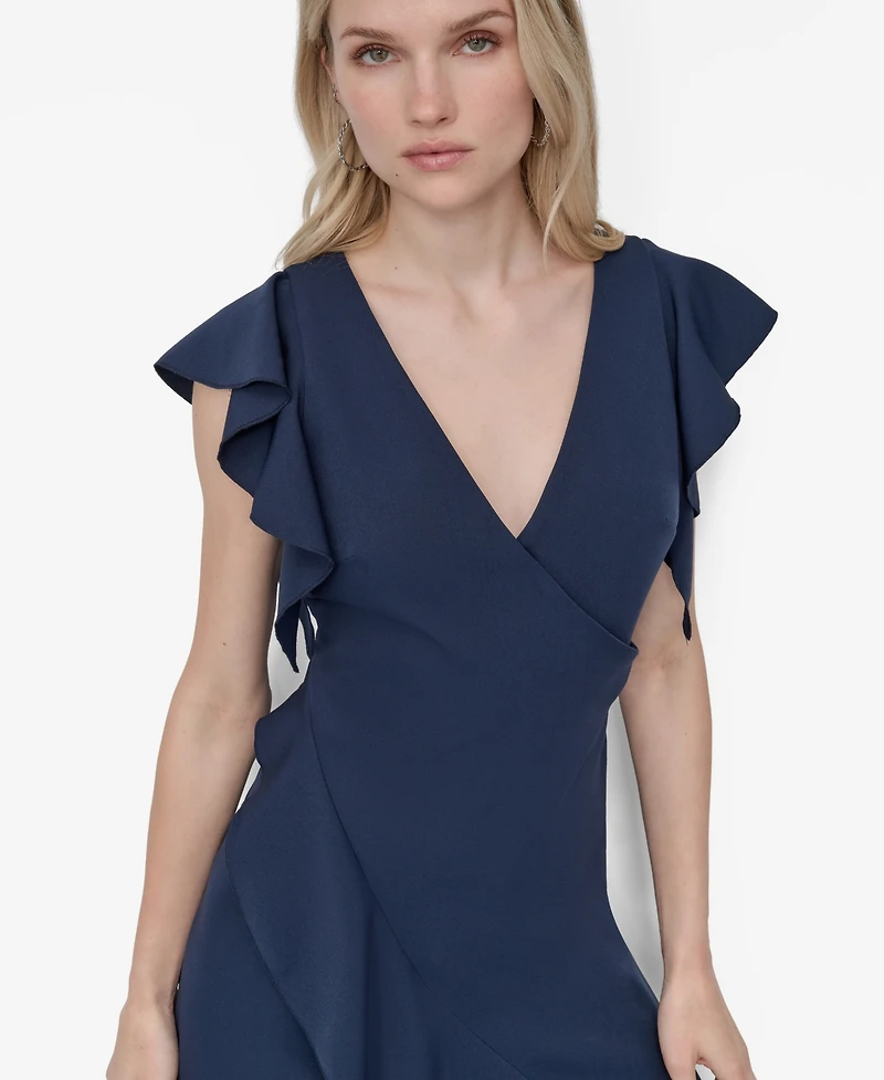 Dkny Women's Ruffle Sleeve V Neck Midi Dress