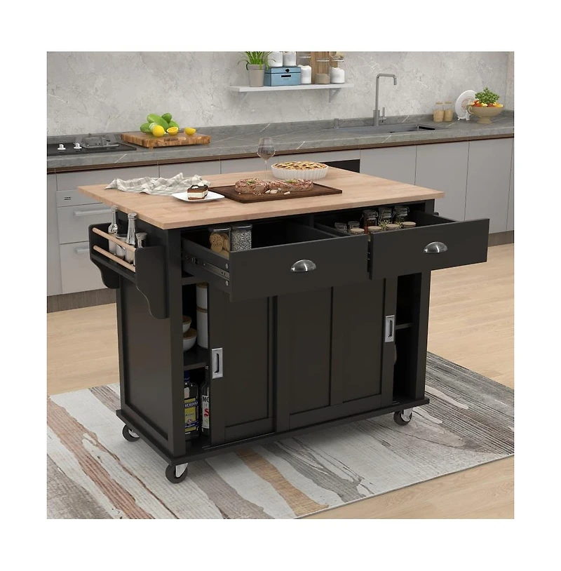Maison Boucle 52" Rolling Kitchen Island with Drop Leaf, Sliding Barn Door & Adjustable Storage, Mobile Cart Towel Spice Rack-Maison