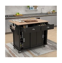 Maison Boucle 52" Rolling Kitchen Island with Drop Leaf, Sliding Barn Door & Adjustable Storage, Mobile Cart Towel Spice Rack-Maison
