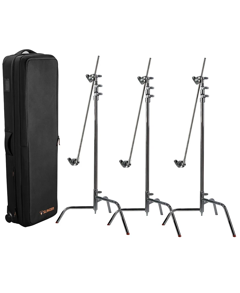 Matthews 40" C+ Stand with Turtle Base, Grip Head and Arm, Chrome, 3-Pack, Bundle with Slinger L6 BigBag Rolling Kit Bag