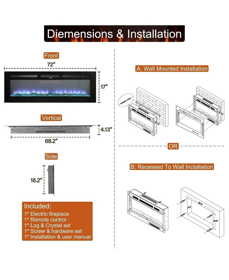 72''Classic Built-in or Wall-Mounted Direct Vent Electric Fireplace