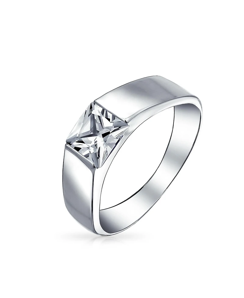 Bling Jewelry Modern Simple Cz Square Cubic Zirconia Princess Cut Promise Ring Pinky Sterling Silver Plain Band