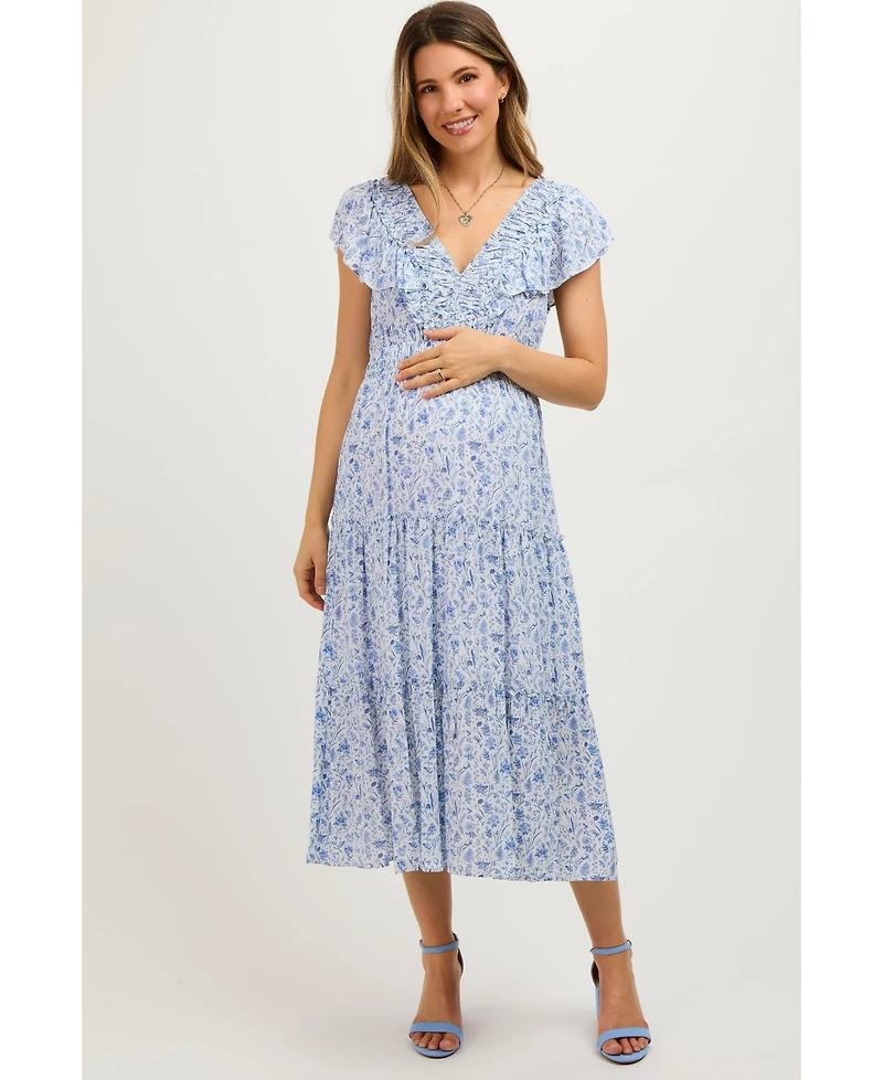 Pinkblush Blue Floral Front Ruched Ruffle Shoulder Tiered Maternity Midi Dress