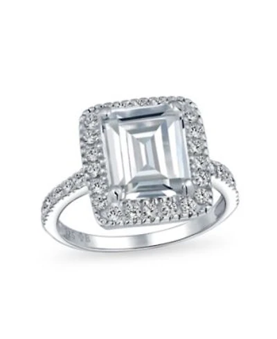 Bling Jewelry Art Deco Style 5CT Statement Cz Halo Emerald Cut Solitaire Promise Ring 1MM Pave Band Sterling Silver