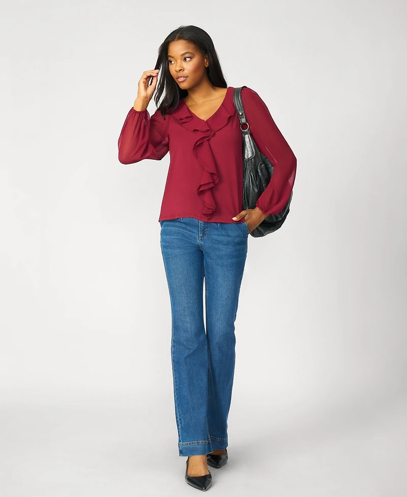 Cable & Gauge Women's Poet Chiffon Ruffle V-Neck Knit Top