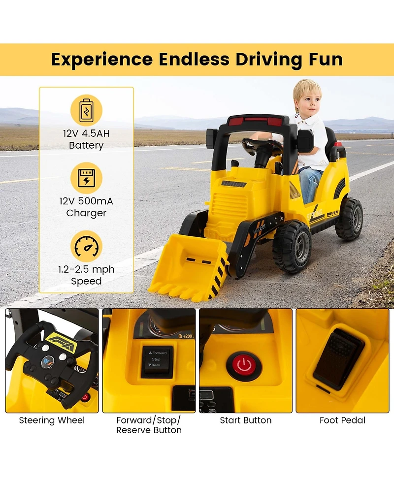 12V Kids Ride On Construction Tractor with Horn & Music & Tail Led Lights