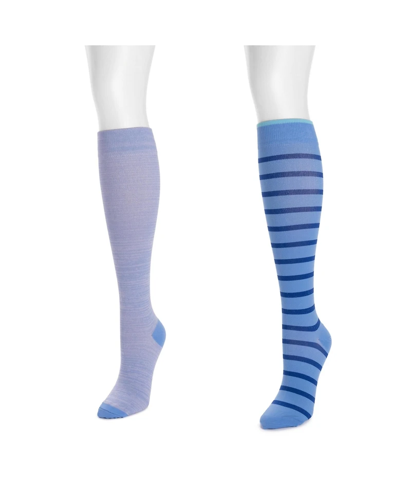 Muk Luks Women's 2 Pair Pack Nylon Compression Knee High Socks, One Wide