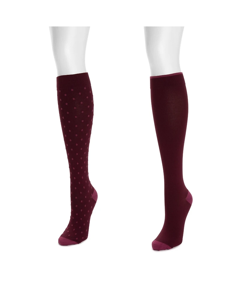 Muk Luks Women's 2 Pair Pack Nylon Compression Knee High Socks, One Wide