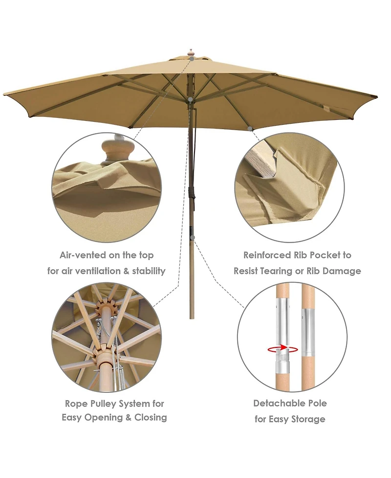 Yescom 13ft Xl Heavy Duty Solid Wood Outdoor Patio Umbrella with Base Parasol Wheels Stand for Bistro Market Table Garden Deck Yard Poolside Tan