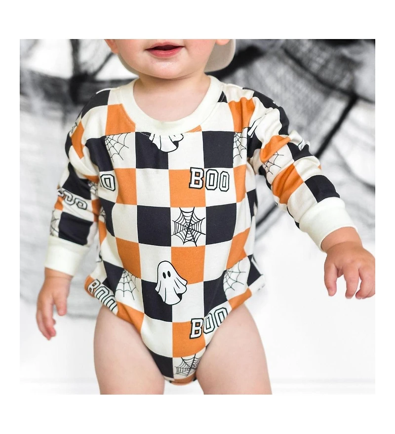 Sweet Wink Baby Boys Boo Checkered Halloween Long Sleeve Romper