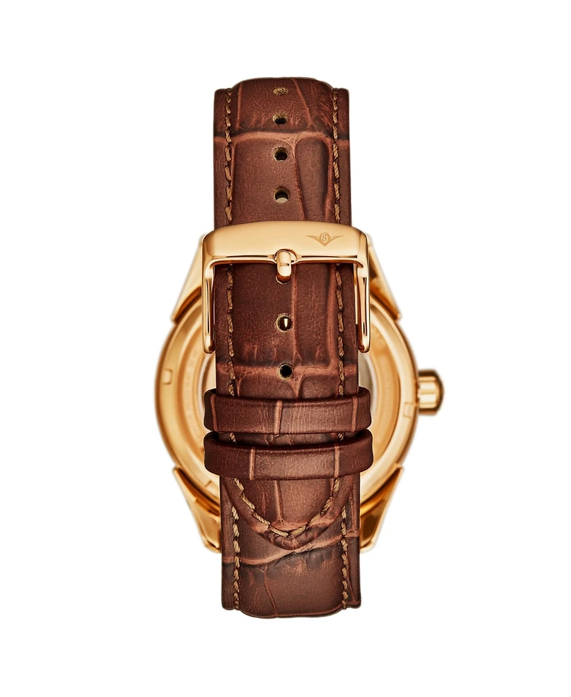 Stuhrling Vanguard 1019.03 Legacy Collection Dual Time Automatic Skeleton Watch 42mm Rose Gold Tone Brown Dial Leather Strap