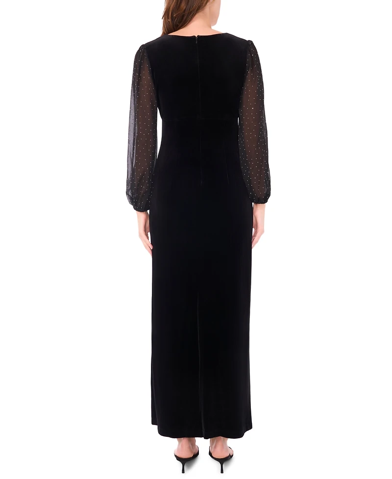 Msk Women's Velvet V-Neck and Balloon Sleeve Maxi Dress