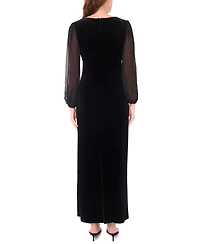 Msk Women's Velvet V-Neck and Balloon Sleeve Maxi Dress