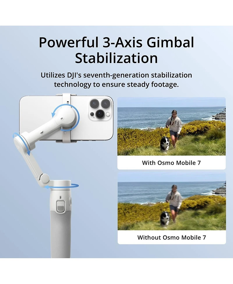 Dji Osmo Mobile 7 Gimbal Stabilizer for iPhone, Android, Built-in Tripod, 3-Axis Phone Gimbal, ActiveTrack 7.0, ShotGuides, 10hrs Use, Phone Charging+