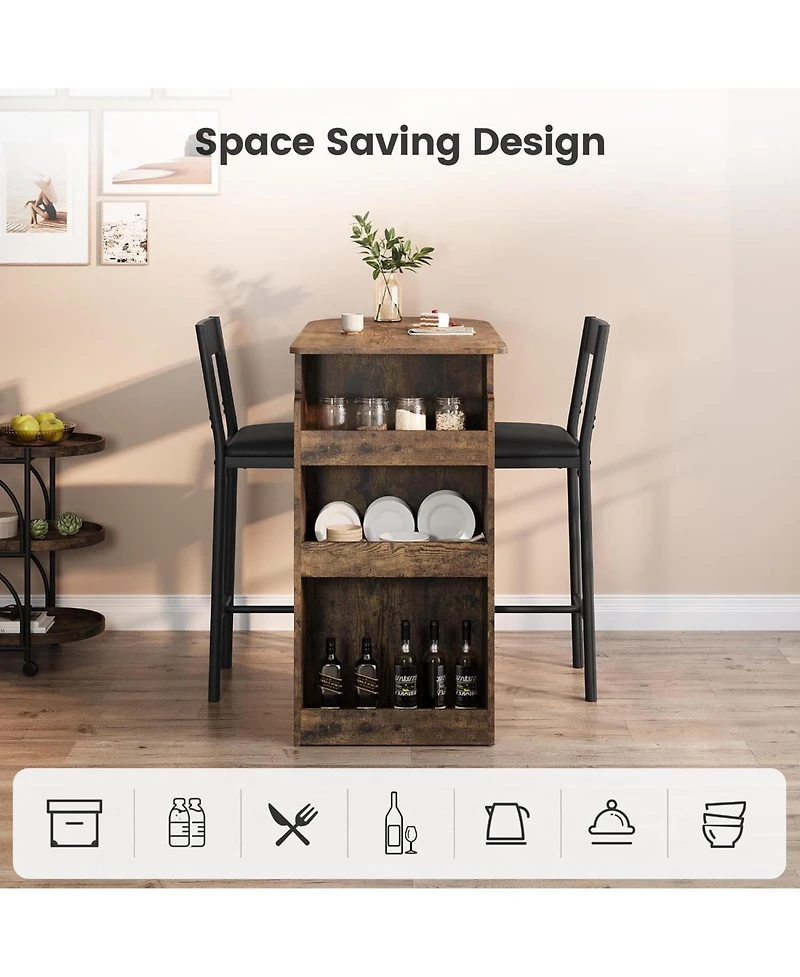 gaomon Bar Table and Chairs Set for 2, Pub Table and Chairs Set, 3 Piece Table Set with Three Tier Storage Shelf for Living Room, Dining Room, Small A