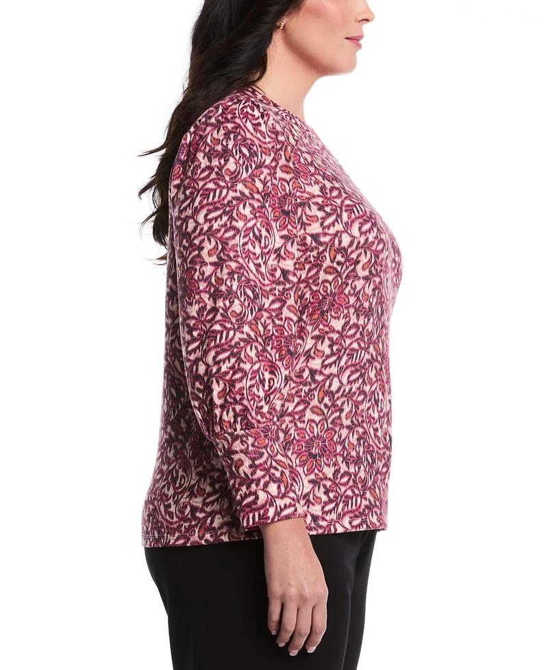 Rafaella Plus Paisley Print Puff Long Sleeve Crew Neck Top