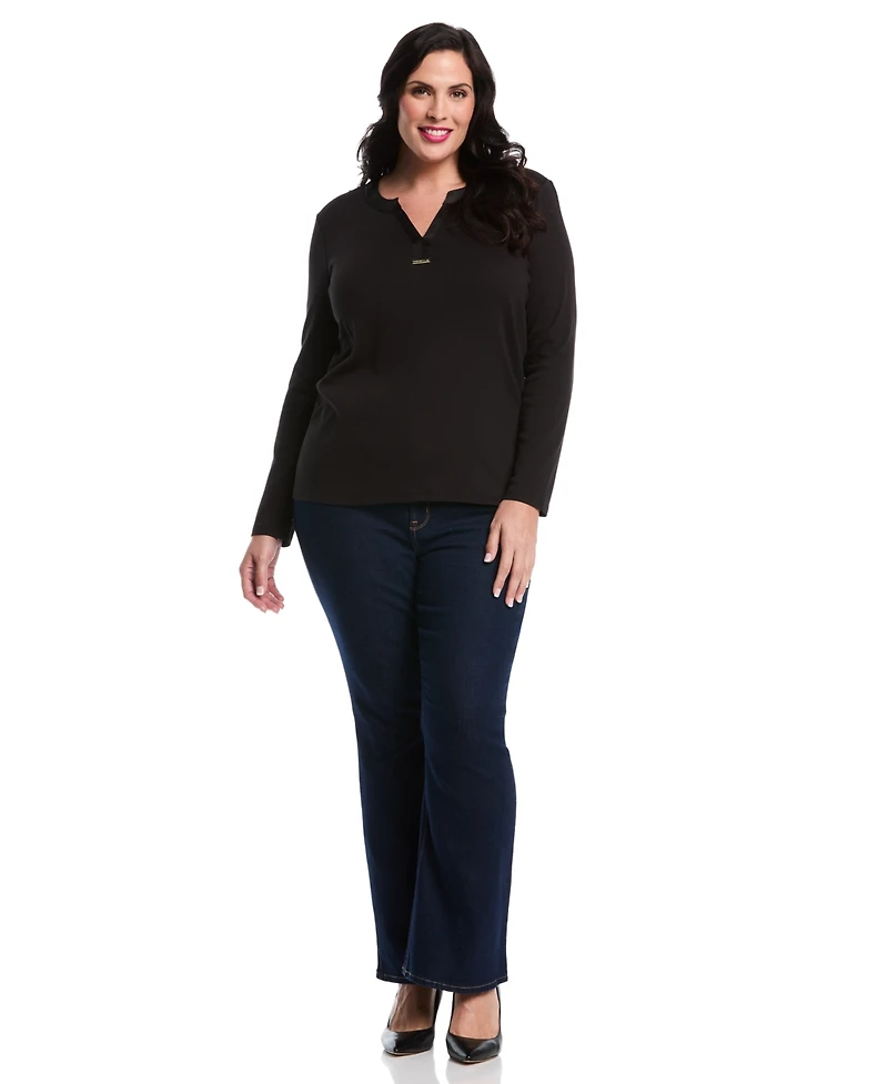 Rafaella Plus Woven Trim Split V-Neck Long Sleeve Top