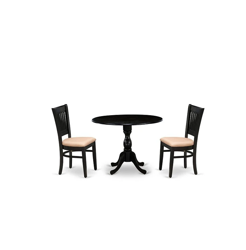 East West Furniture 3-Pc Dining Room Table Set- 2 Dining Chairs with Linen Fabric Seat and Slatted Chair Back - Drop Leaves Dining Table