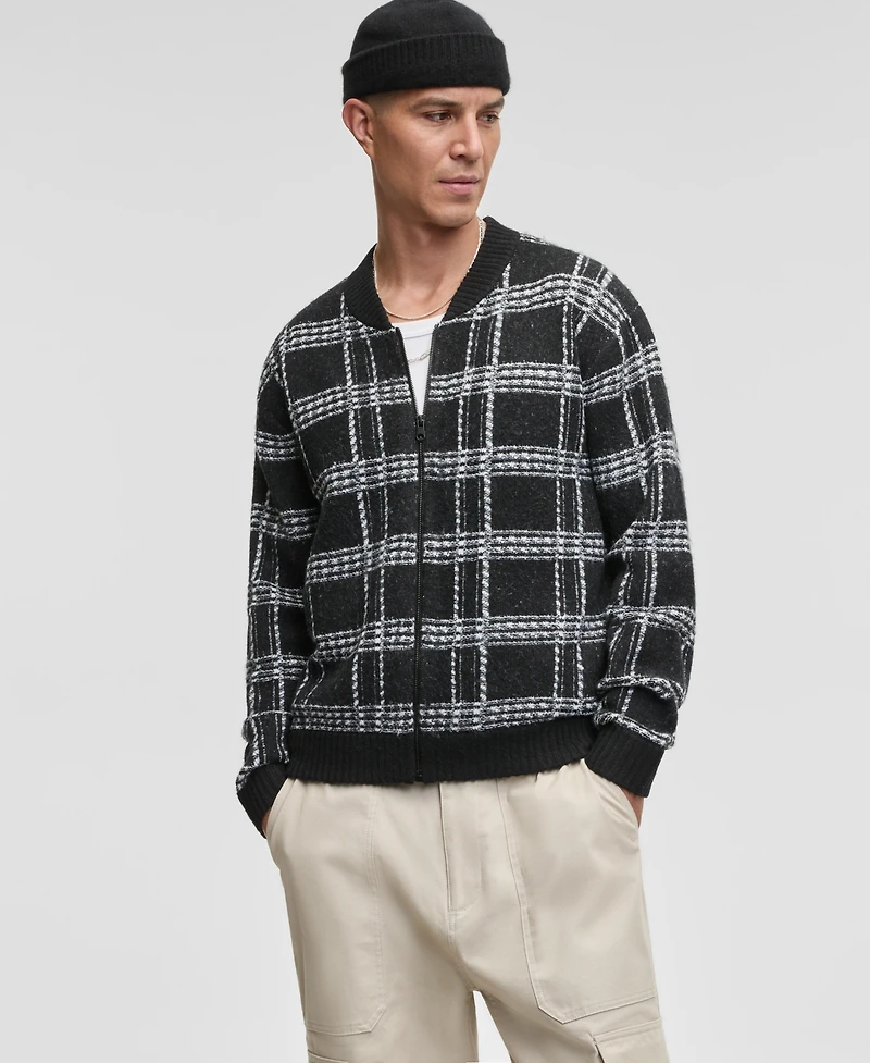 Mode of One Men's Relaxed-Fit Plaid Zipper Sweater, Macy's Exclusive