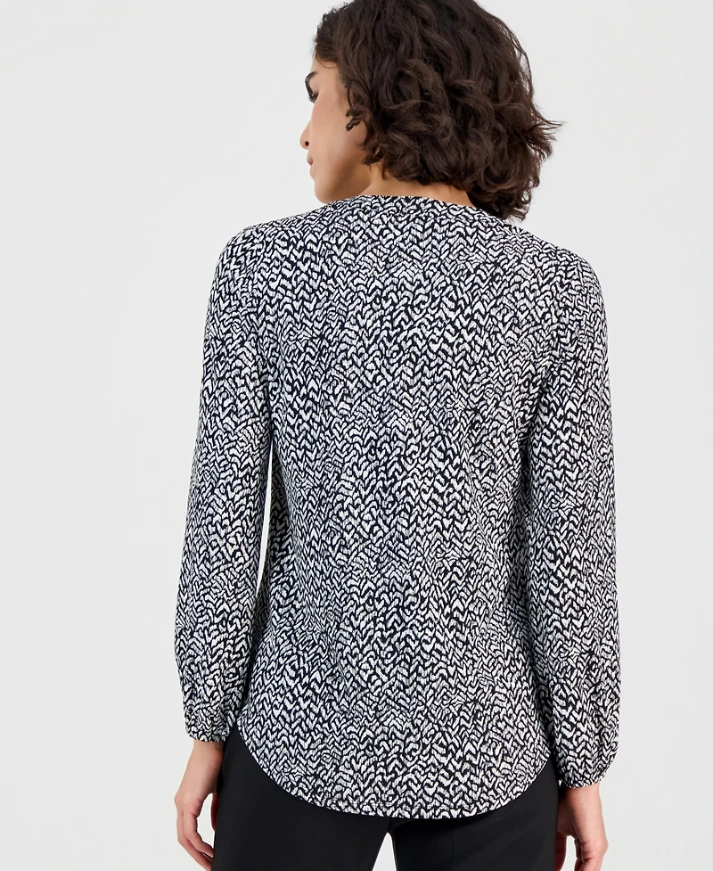 Ak Anne Klein Women's Printed Split-Neck Long-Sleeve Top