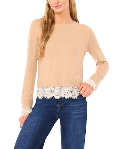 CeCe Women's Lace Hem Long Sleeves Sweater