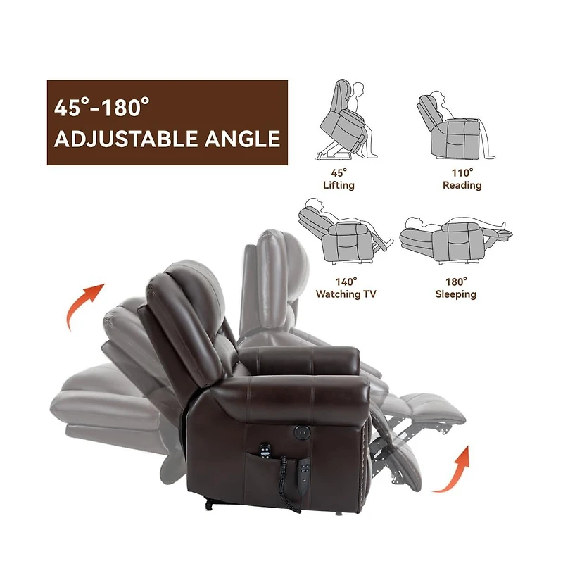 Faux Leather Power Lift Recliner with Massage & Heat, Usb Ports, Dual Motor Infinite Position Electric Chair-Maison Boucle