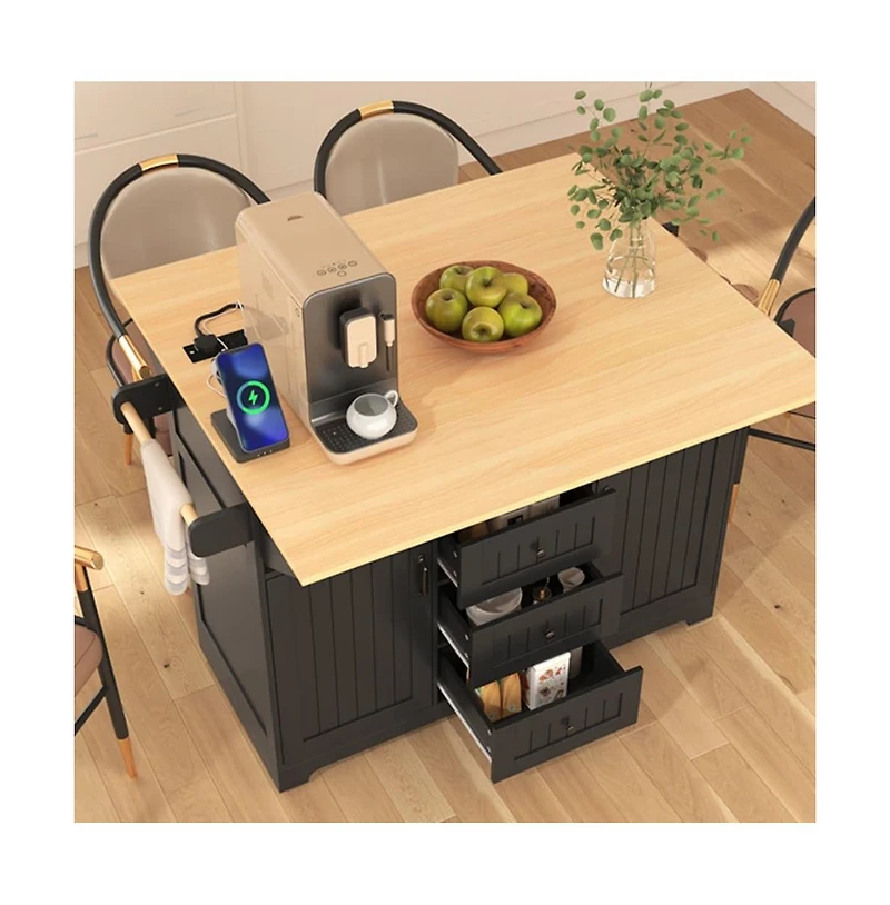 55.7" Rolling Kitchen Island with Dual Drop Leaves, Power Outlet, Storage Drawers & Cabinets-Maison Boucle