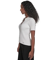 Calvin Klein Petite Collared Short Sleeve Button Detailing Sweater