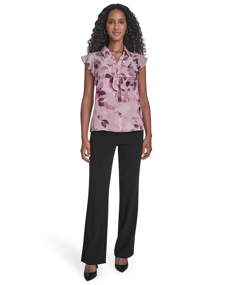 Calvin Klein Petite Printed Short Sleeve Ruffle Front Blouse