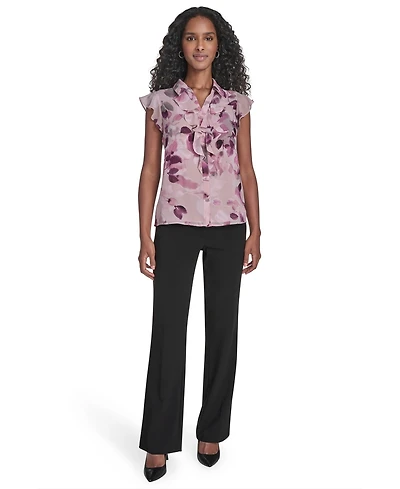 Calvin Klein Petite Printed Short Sleeve Ruffle Front Blouse