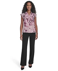Calvin Klein Petite Printed Short Sleeve Ruffle Front Blouse