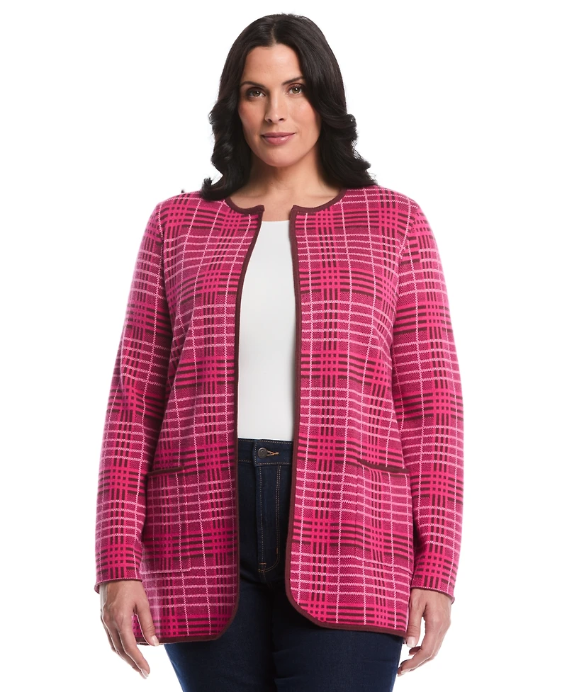 Rafaella Plus Size Crosshatch Patch Pocket Open Long Sleeve Cardigan Sweater