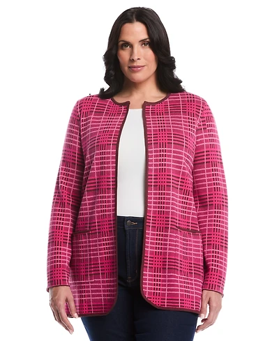 Rafaella Plus Size Crosshatch Patch Pocket Open Long Sleeve Cardigan Sweater