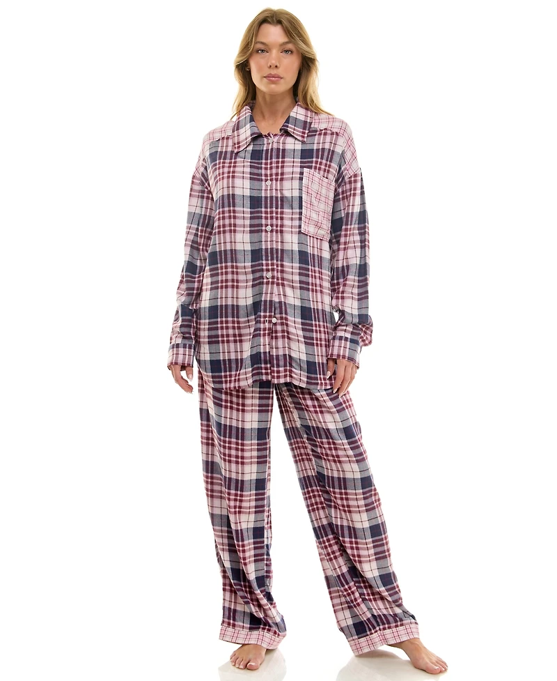 Roudelain Women's 2-Piece Color Blocked Collared Pajama Set