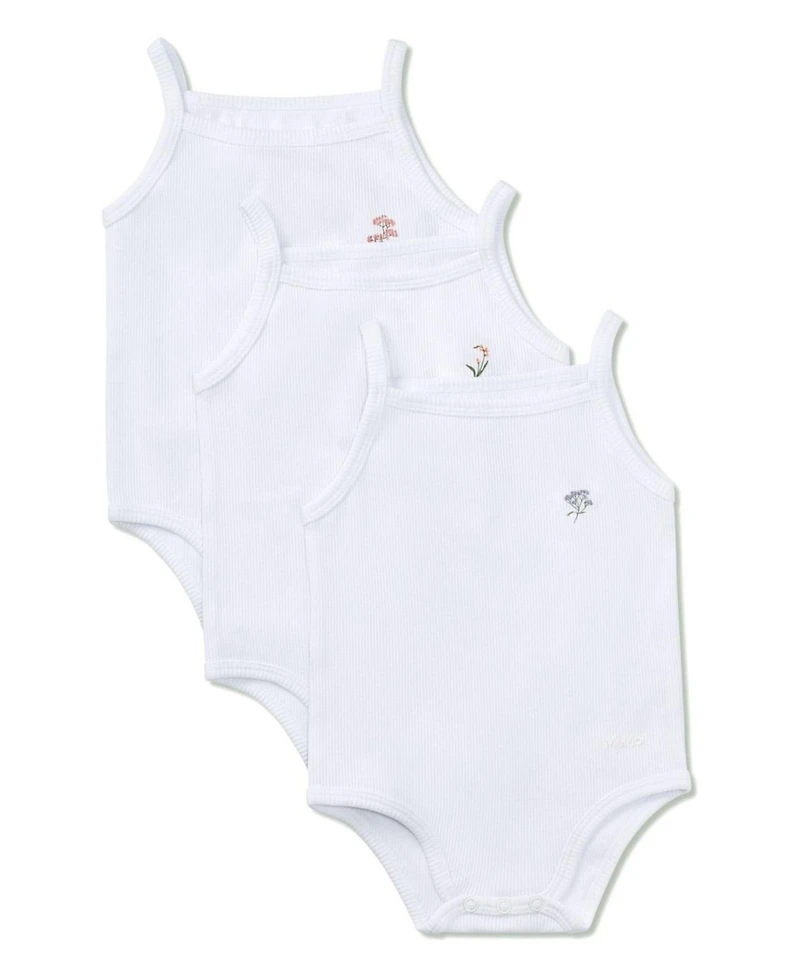 MeMoi 3 Pair Baby and Toddler Girls Combed Cotton Blend Floral Embroidered Bodysuits