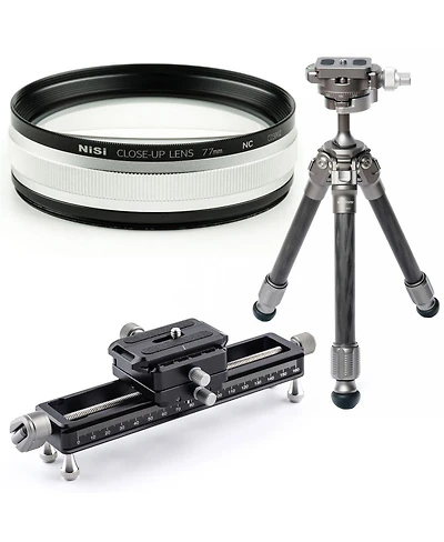 NiSi Close Up Lens Kit Nc 77mm with 67 & 72mm Adapters Bundle with NiSi Nm-180 Macro Focusing Rail, Explorer Gx-kit Carbon Fiber Table Top Tripod
