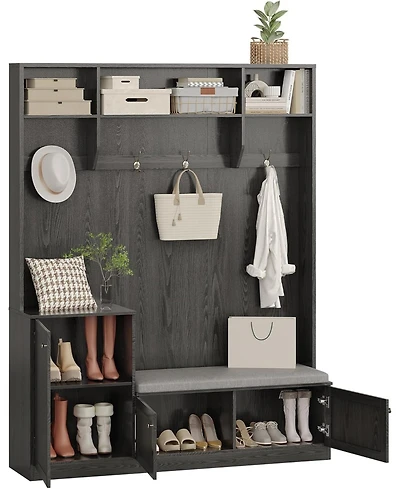 gaomon Hall Tree with Shoe Storage, 78.8" Entryway Bench with Coat Rack, with 4 Shoe Cabinet, 4 Coat Hooks, 3 Top Open Shelves, 5-in-1 Freestandi