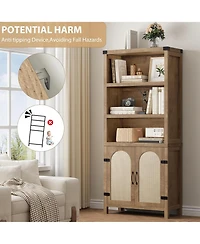Farmhouse Bookshelves with Rattan Doors, 70" Tall Cutlery Shelves with Three Tiers of Open Storage, Floor Standing Display Shelves, Bookcases for Home
