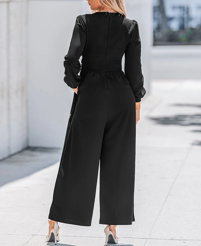 Cupshe Women's Plunging Long Sleeve Wide Leg Jumpsuit
